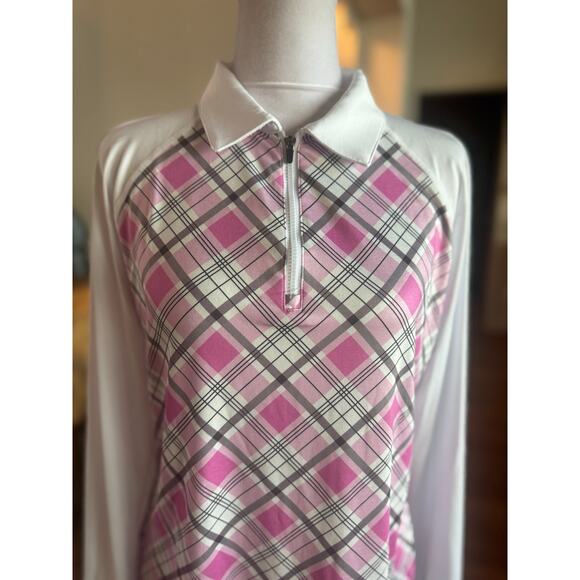 NWT Soneven Pink plaid golf Tennis Long Sleeve Polo Shirt Medium M - Picture 3 of 12